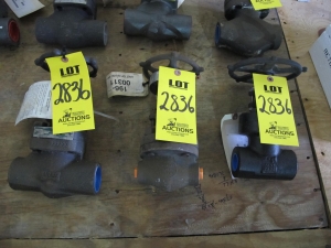 LOT (3) TO INCLUDE: (1) VALVE, GLOBE TYPE, 1-1/2" SIZE, 800 LB RATING, CARBON STL MATERIAL, SOCKET WELD CONNECTIONS, A/SA105 SPECIFICATION, OS&Y STYLE, HARD FACED SEAT & DISC TRIM, GRAPHITE SOFTGOODS, HANDWHEEL OPERATOR. BOLTED BONNET, PART # 5500W, (1) VALVE, GLOBE TYPE, 3/4" SIZE, 1500 LB RATING, CARBON STL MATERIAL, FNPT CONNECTIONS, A105 SPECIFICATION, BOLTED BONNET, FLOW CONTROL STYLE, HARDFACED TRIM, HANDWHEEL OPERATOR. PART # 15443 3/4", (1) VALVE, GATE TYPE, 1" SIZE, 1500 LB RATING, CARBON STL MATERIAL, SOCKET WELD CONNECTIONS, A105 SPECIFICATION, BOLTED BONNET, OUTSIDE SCREW AND YOKE, WEDGE STYLE, HARD FACED SEAT TRIM, NON-ASBESTOS SOFTGOODS. PART # SW15111FHF 1" (W-51) LOADING & HANDLING FEE $15-